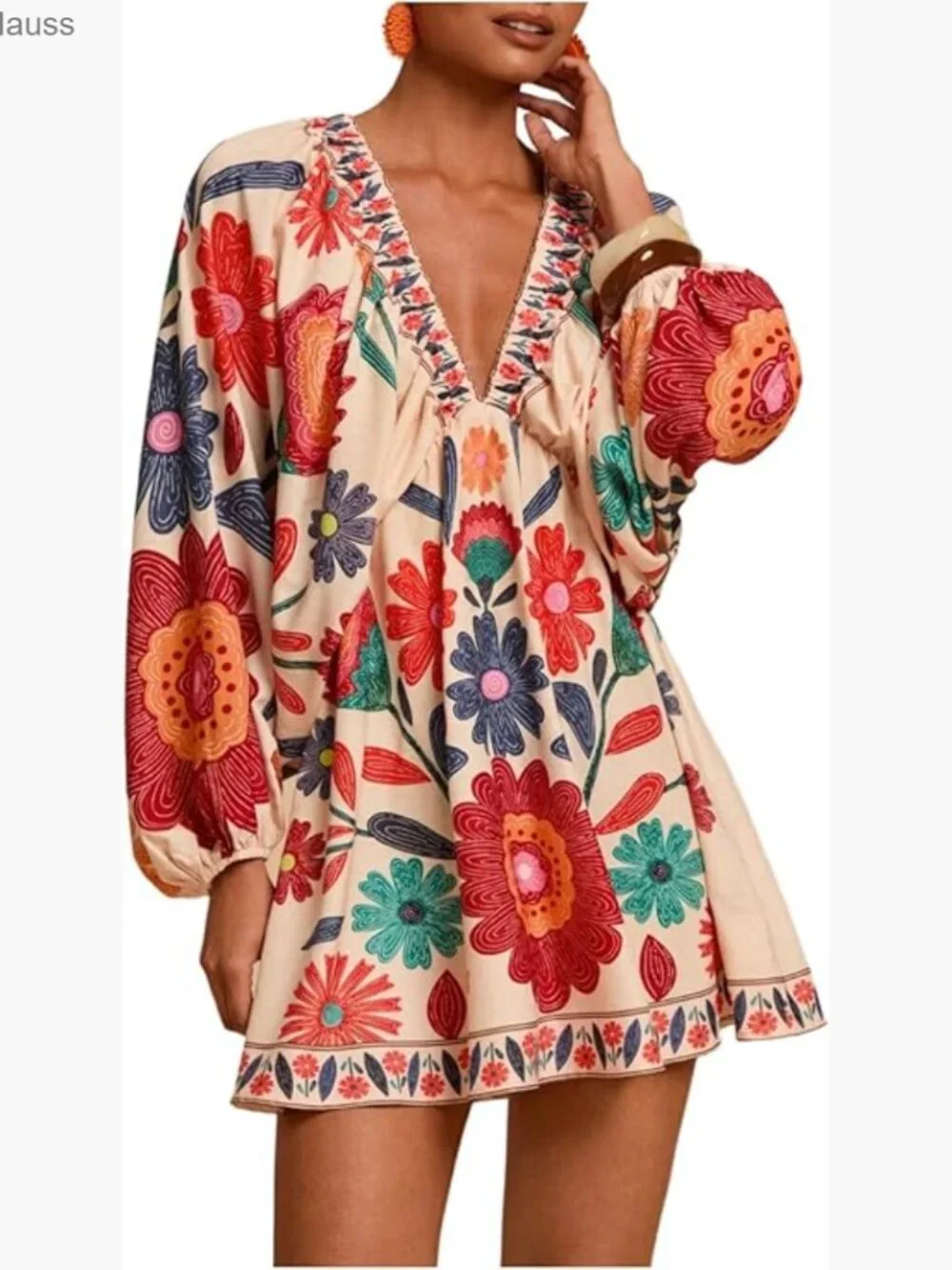 Floral V-Neck Mini Dress Long Sleeve Tie Back Boho Casual Summer